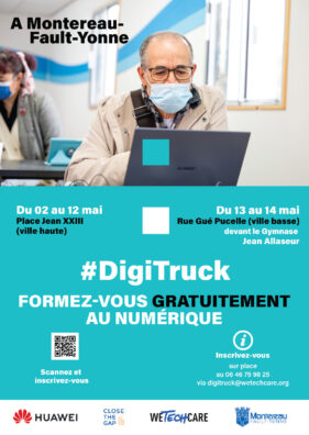 personne âgé sur un ordinateur plus texte sur fond bleu