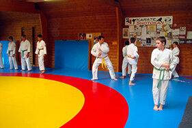 Jeunes vêtus de kimono s'entrainant sur tatamis coloré